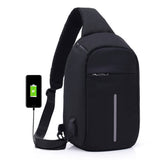 Anti-theft Sling Shoulder Bag with External USB Charge Crossbody Chest Bags Backpack for Cycling Hiking Outdoor Travel Men Women Casual Reflective Stripe Black