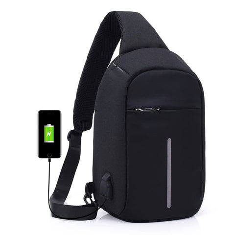 Anti-theft Sling Shoulder Bag with External USB Charge Crossbody Chest Bags Backpack for Cycling Hiking Outdoor Travel Men Women Casual Reflective Stripe Black
