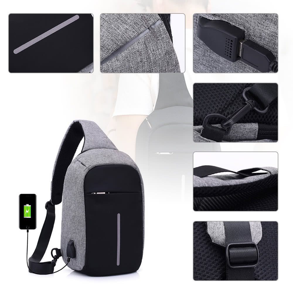 Anti-theft Sling Shoulder Bag with External USB Charge Crossbody Chest Bags Backpack for Cycling Hiking Outdoor Travel Men Women Casual Reflective Stripe Black