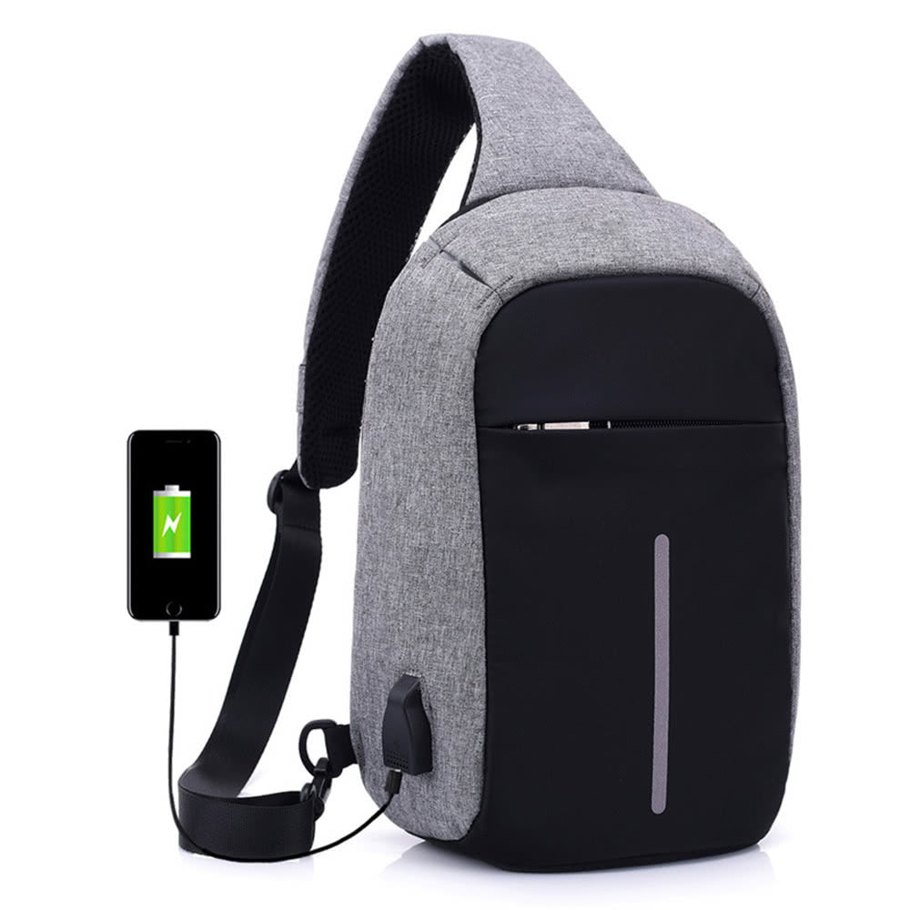 Anti-theft Sling Shoulder Bag with External USB Charge Crossbody Chest Bags Backpack for Cycling Hiking Outdoor Travel Men Women Casual Reflective Stripe Black