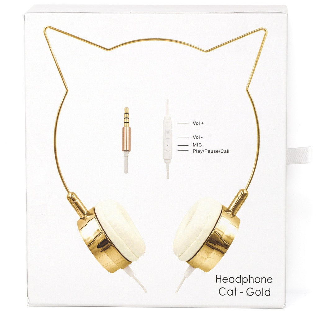 Gold Cat Ear Headphones Wire Frame Headset w Microphone
