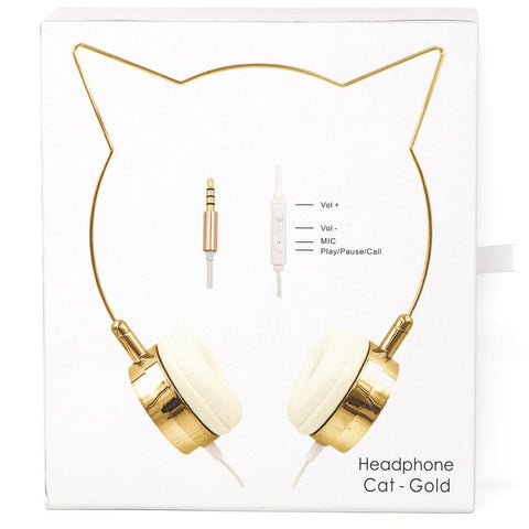 Gold Cat Ear Headphones Wire Frame Headset w Microphone