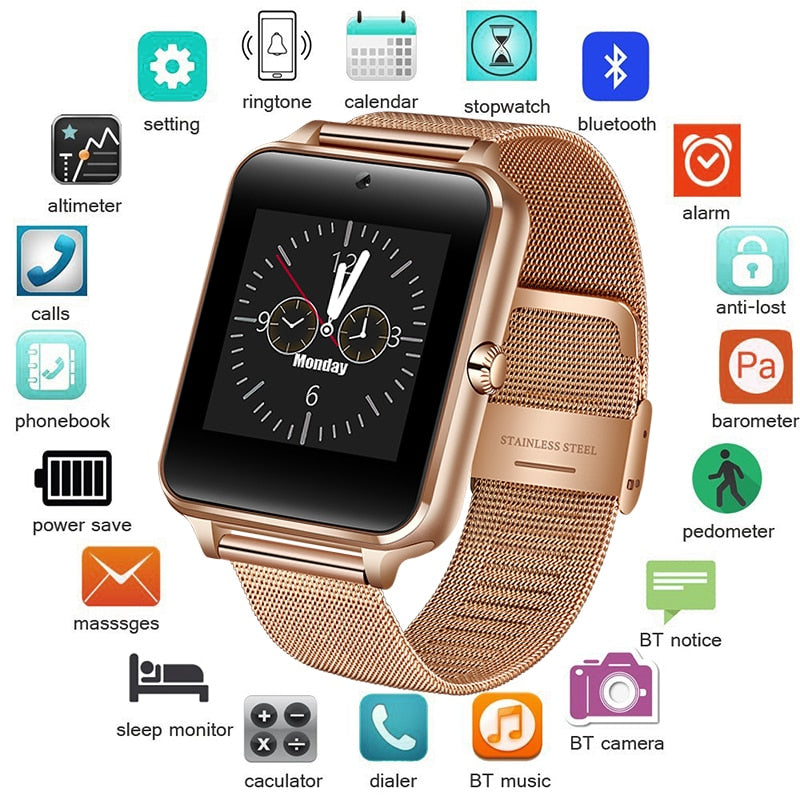 2018 New Stainless Steel Bluetooth Smart Watch Women Men Sport Waterproof SmartWatch LED Color Touch Screen Watch Support SIM TF