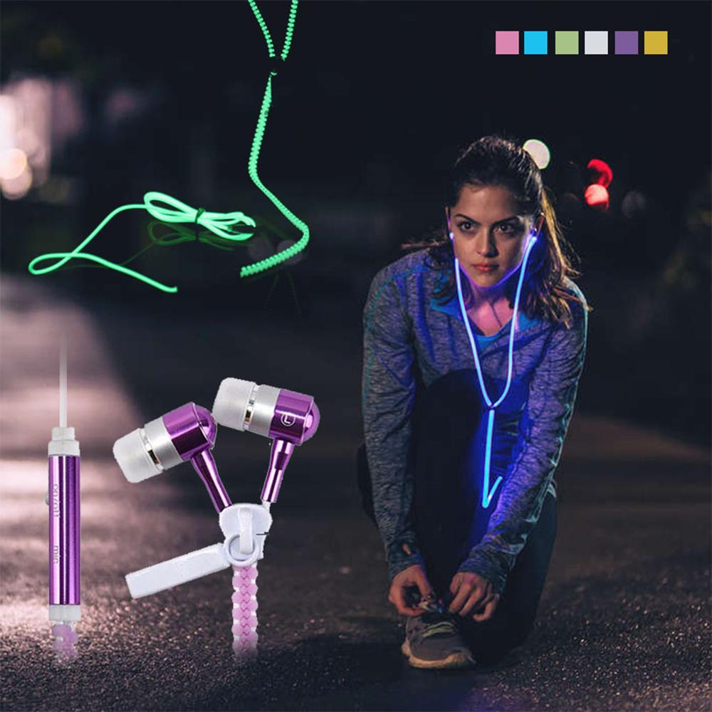 Glow Earphone Luminous Light Metal Zipper Headset